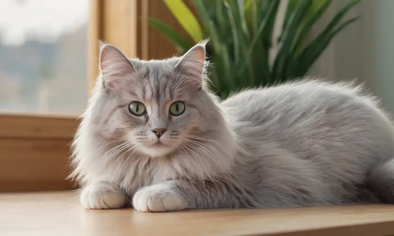 Un gato esponjoso se presenta en un fondo de suaves colores pastel rodeado de herramientas veterinarias y plantas