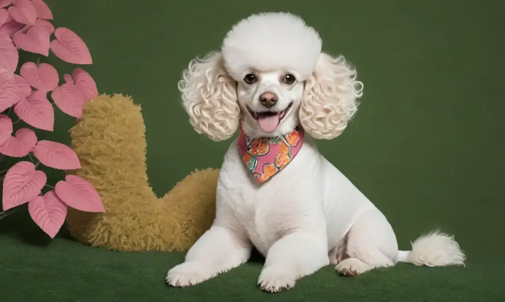 Un elegante Poodle francés con suave pelaje rizado y bandana colorida se sienta sobre un césped verde