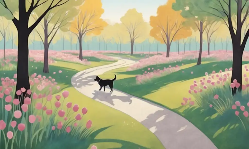 Una escena vibrante de un parque con dos perros jugando sobre la hierba bajo la luz del sol