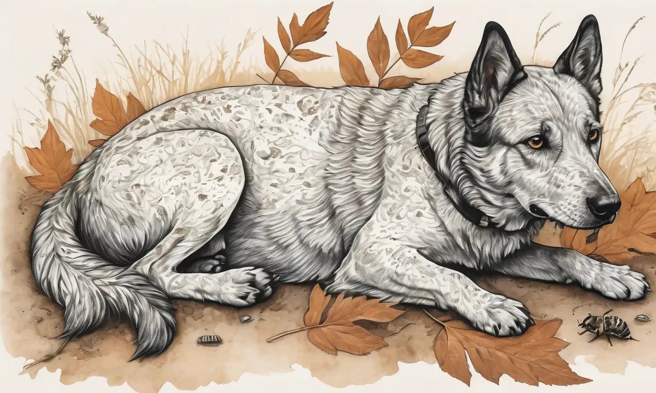 Un perro angustiado en un entorno natural con texturas realistas y luces y sombras contrastantes