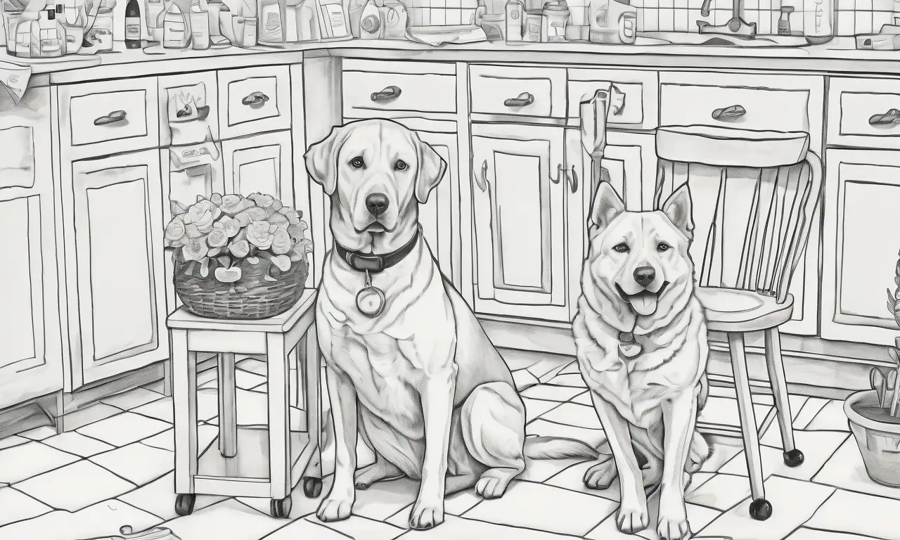 Dibujo detallado de un dueño de perro preocupado en un hospital veterinario