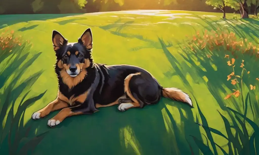 Una escena vibrante y acogedora con un perro rodeado de elementos naturales y tonos cálidos