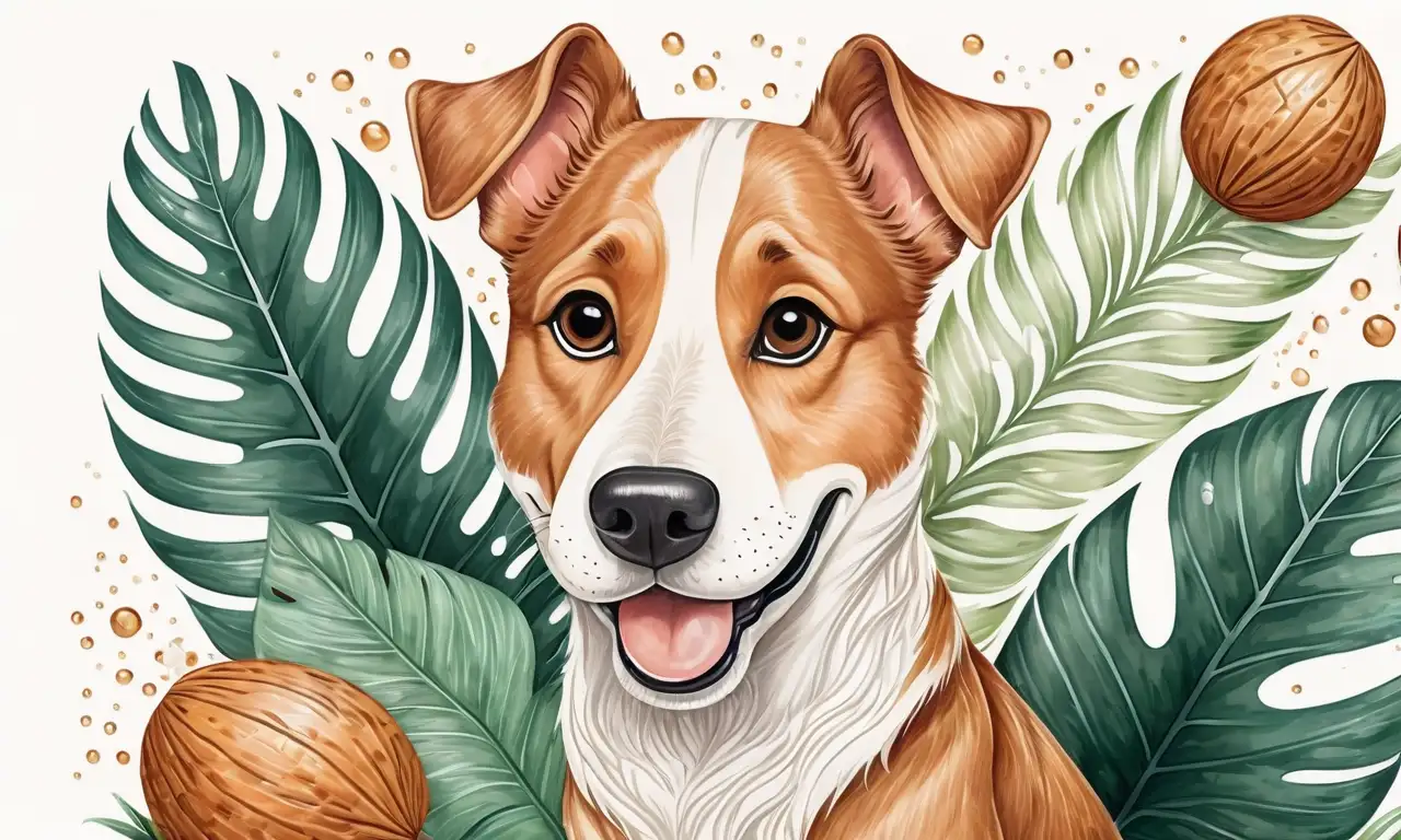 Un perro feliz con pelaje brillante se entrelaza entre hojas tropicales y cocos en una composición cálida y texturizada
