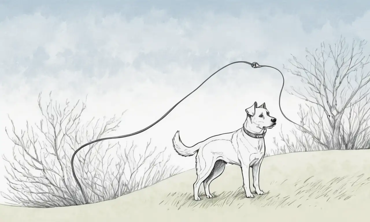 Una figura central angustiada sujeta una correa, con un perro tenso en un entorno de tensión y calma contrastante