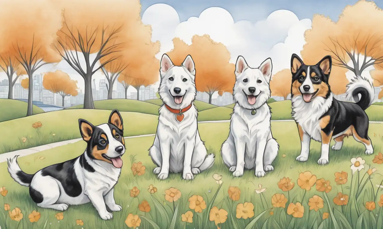 El dibujo de perros combina sombreado suave, líneas intrincadas y texturas variadas en un fondo vibrante que refleja su curiosidad y dinamismo