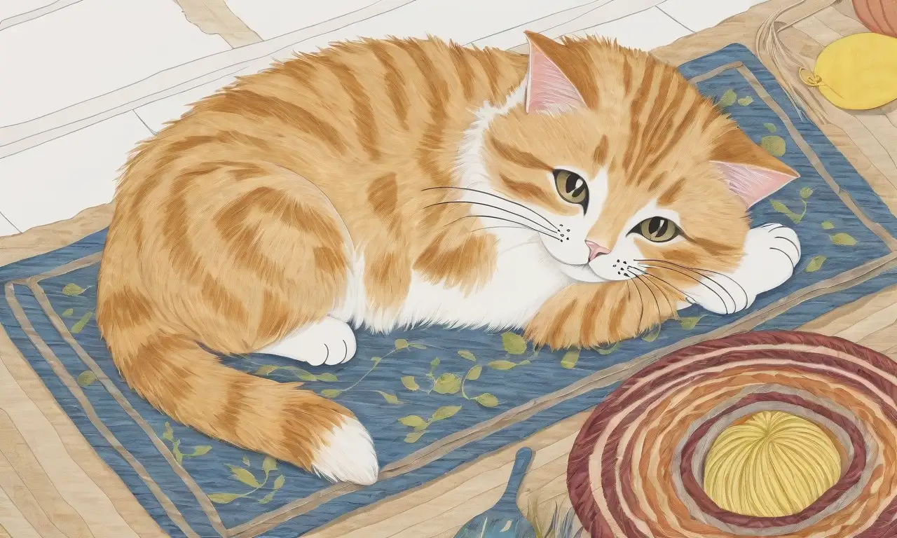 Un gato caprichoso reposa sobre una alfombra acogedora, con un charco de bilis amarilla cerca, expresando preocupación en sus ojos entre juguetes y luces cálidas