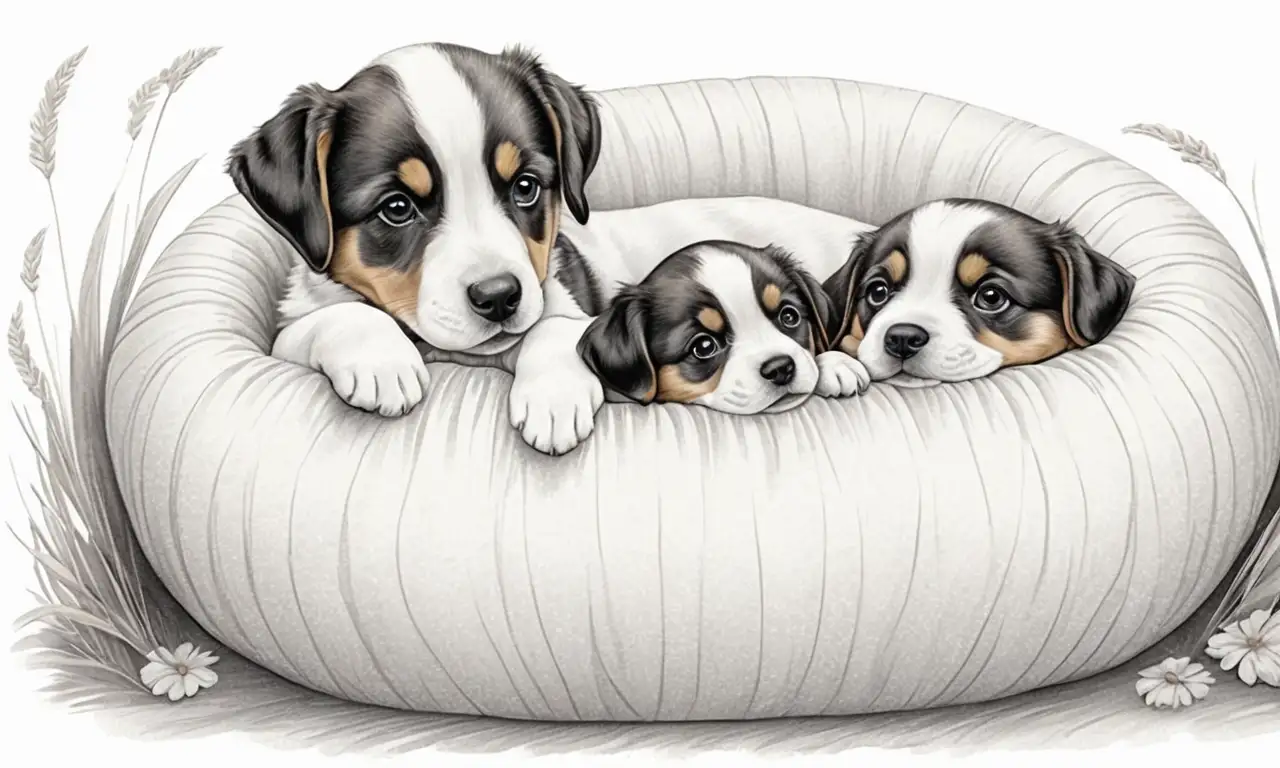 Un perro embarazado es representado con líneas suaves, texturas tiernas y una atmósfera tranquila