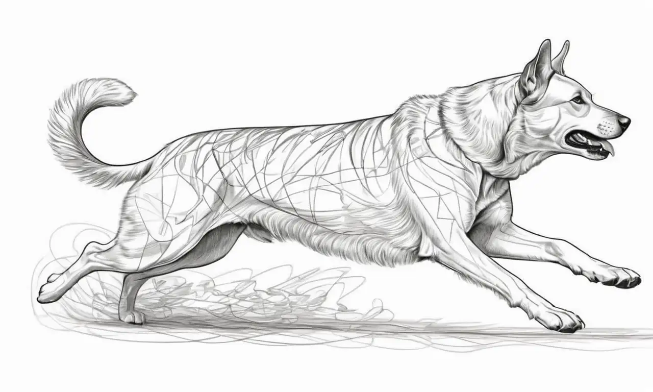 Un perro en movimiento se representa con líneas intrincadas y matices suaves que destacan su musculatura y energía juguetona