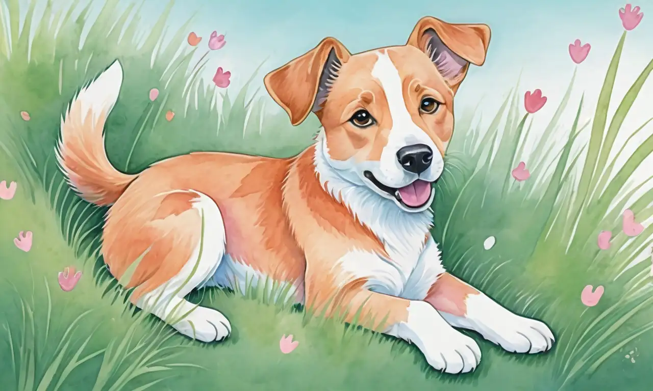 Ilustración vibrante de un perro juguetón con suaves colores y detalles cuidadosos