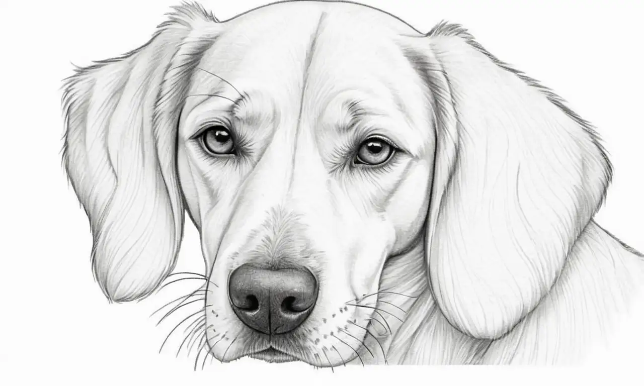 Un tierno dibujo de un perro con ojos caídos en un fondo que sugiere un hogar cálido y acogedor