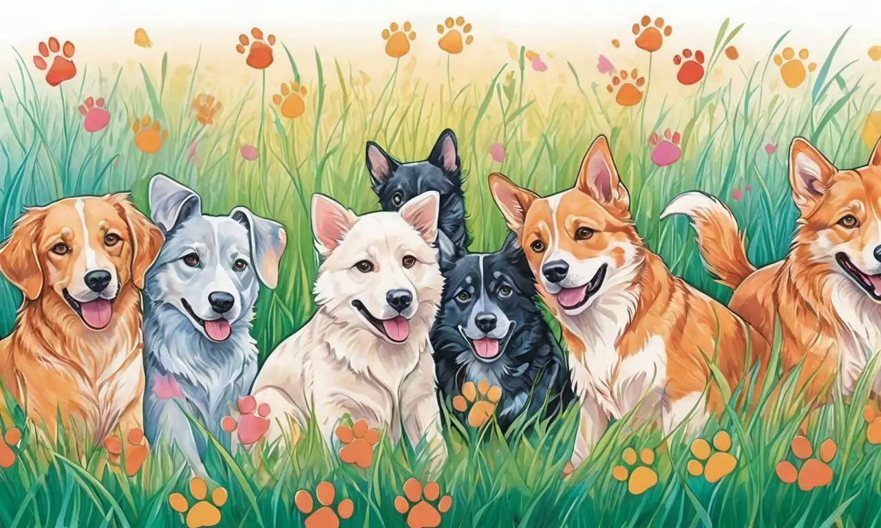 Perros de diversas razas con colores vibrantes y dinámicos en poses expresivas