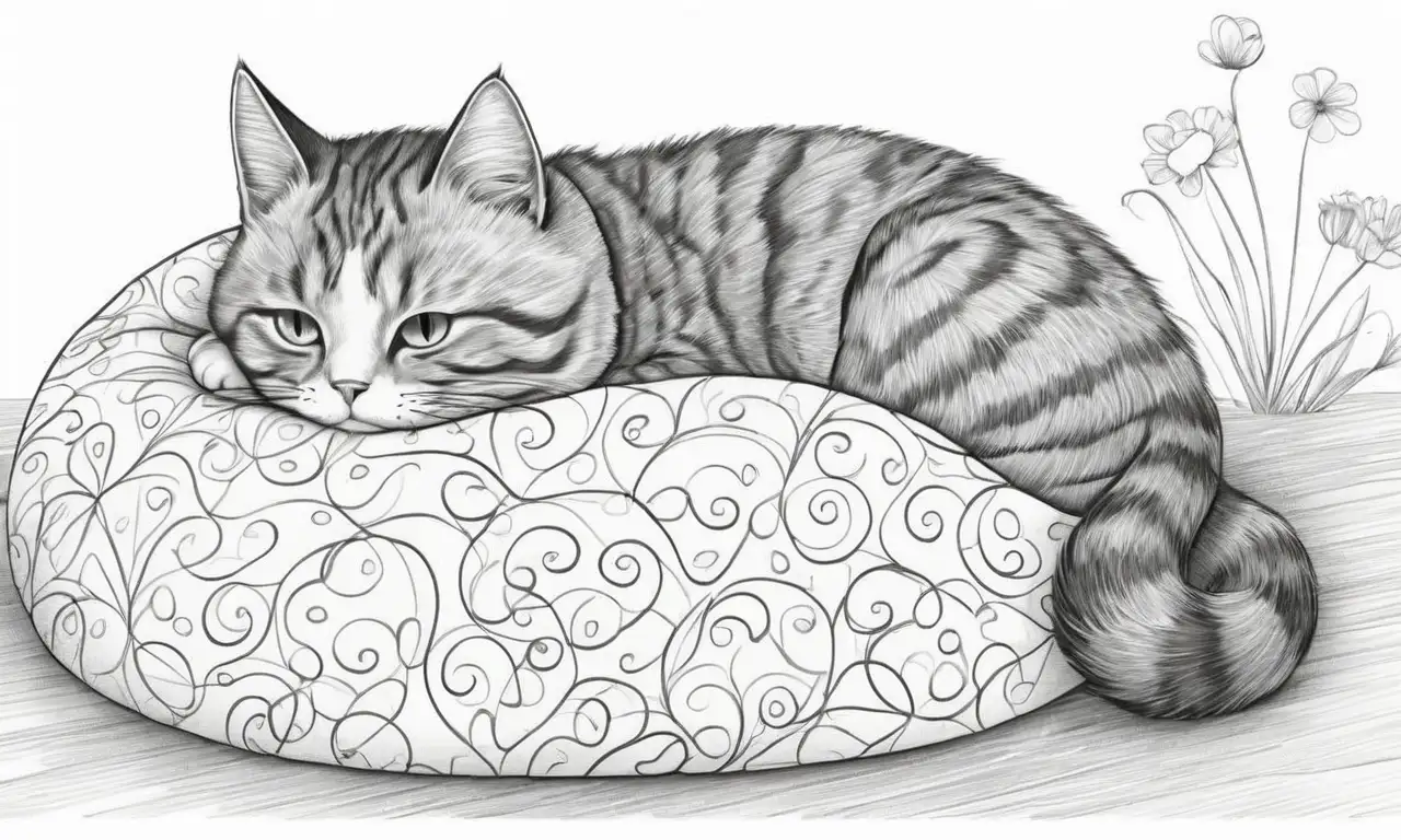 Un gato durmiendo en una manta con suave pelaje, sombras profundas y detalles delicados