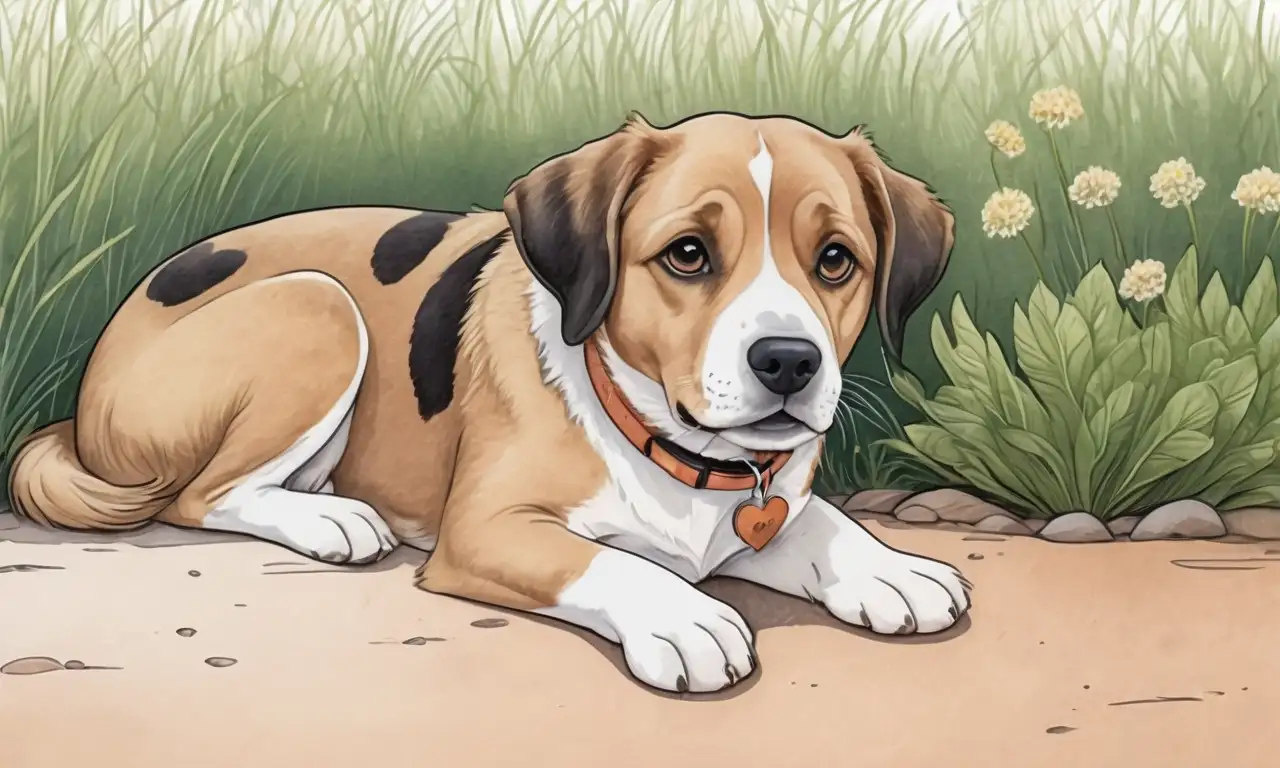 Un perro preocupado con pelaje suave y cuidado, rodeado de plantas vibrantes y remedios naturales