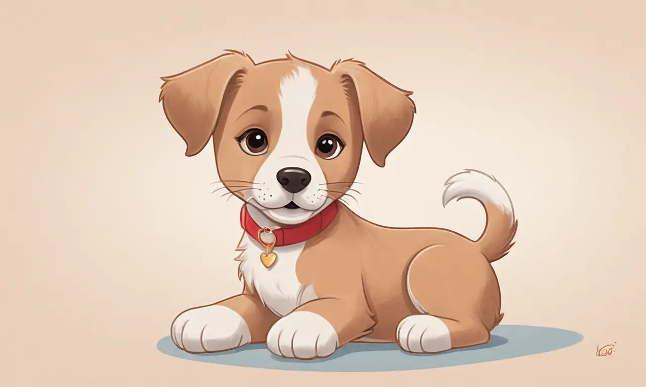 Un adorable cachorro con ojos expresivos se destaca en un fondo cálido y suave, rodeado de juguetes y huellas, creando una atmósfera acogedora