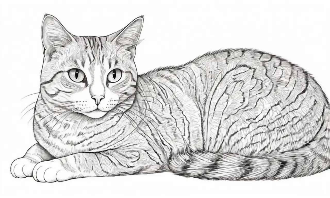 Un gato embarazado y vulnerable se muestra a través de líneas intrincadas y contrastes que sugieren tensión y malestar