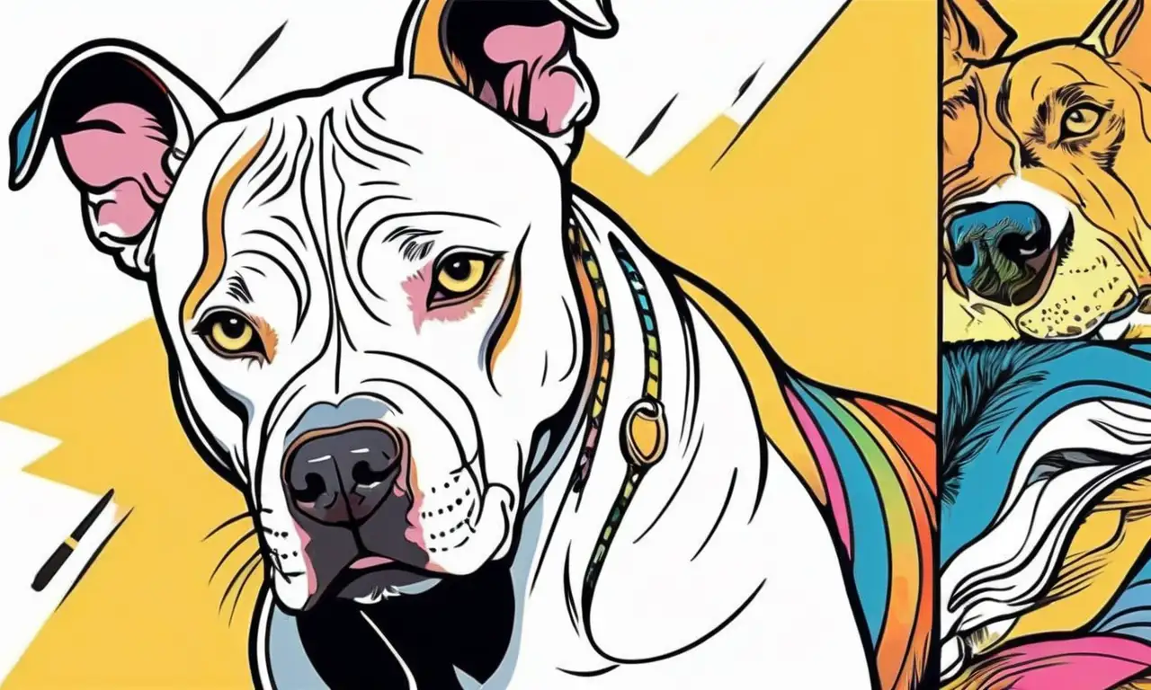 Líneas audaces y colores vibrantes destacan la musculatura y los ojos amarillos de los pitbulls en una composición dinámica y profunda