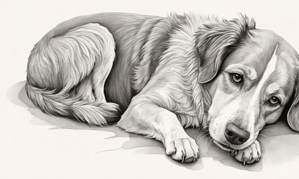 Escena vibrante y emotiva de un perro con expresión de preocupación en un fondo texturizado y cálido