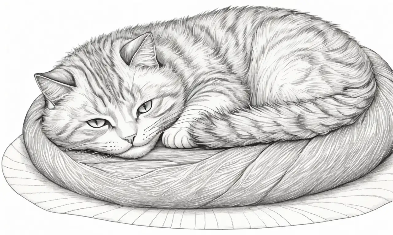 Un suave dibujo captura a un gato dormido con detalles delicados y una atmósfera soñadora