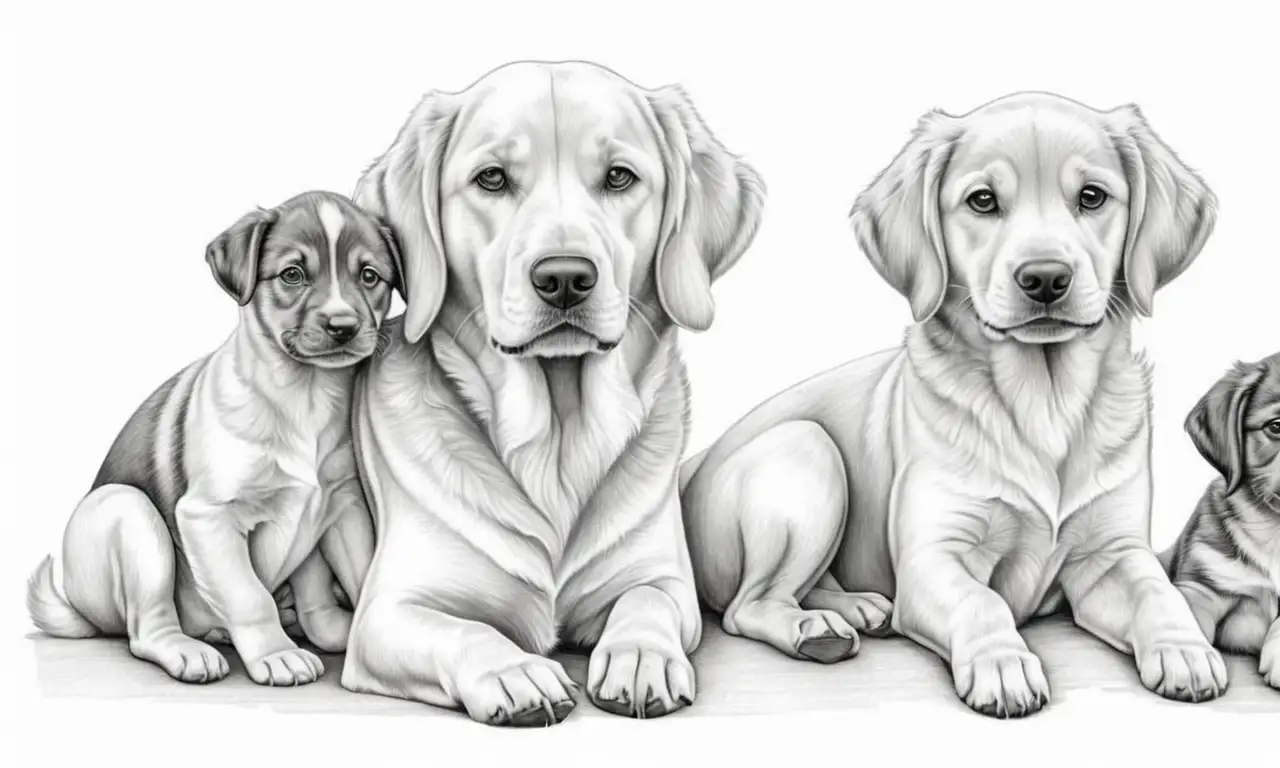 Un dibujo de una perra y sus cachorros resalta el cuidado y la calidez a través de sombras suaves, colores cálidos y detalles intrincados