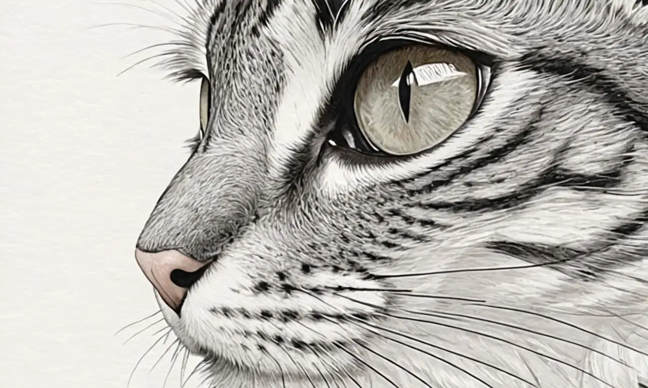 Un dibujo delicado de un gato con trazos suaves, ojos brillantes y textura de piel y pelaje en armonía
