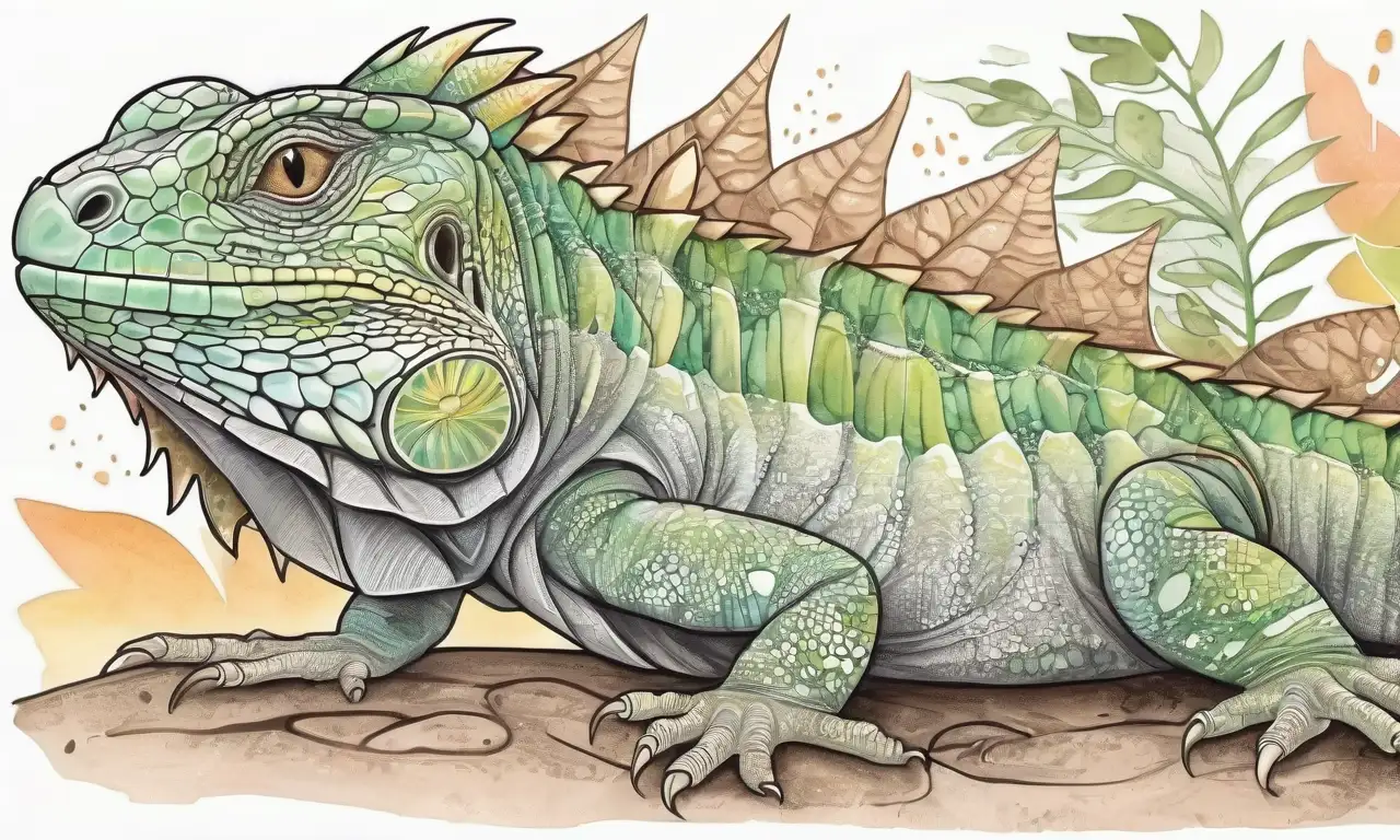 Iguana vibrante en el centro rodeada de plantas coloridas y símbolos de prevención en un paisaje dinámico