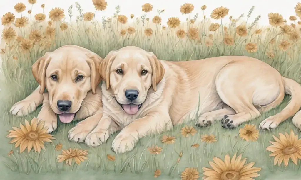 Un labrador y sus cachorros juegan en un entorno cálido y luminoso