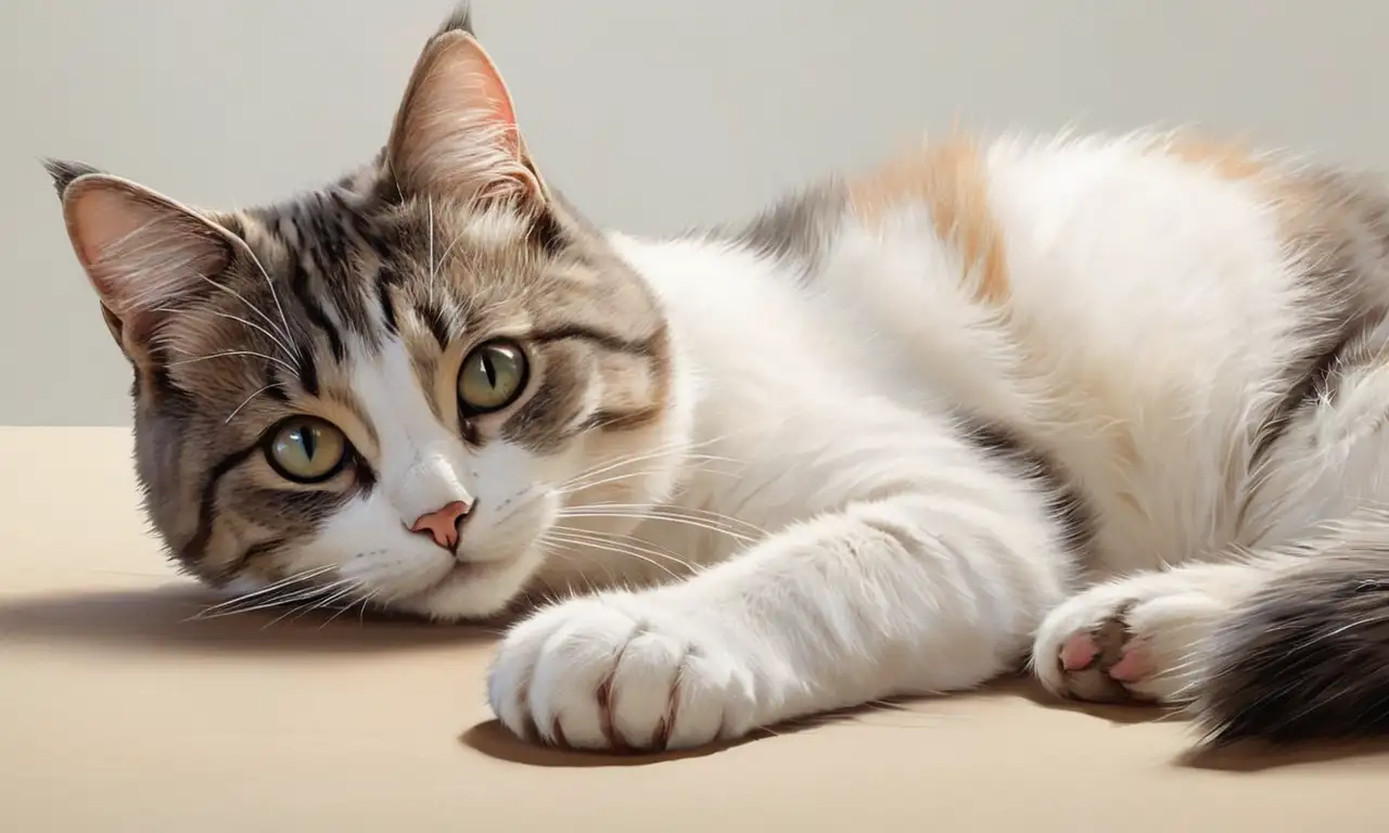 Un gato con pelaje suave y tonos variados, expresando preocupación en un ambiente de clínica veterinaria