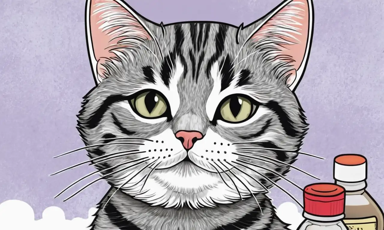 Ilustración de un gato atigrado con un frasco farmacéutico, resaltando la textura, el movimiento y la seguridad