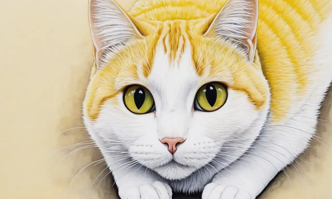 Una ilustración detallada de un gato con fondo caótico y elementos naturales que transmite curiosidad