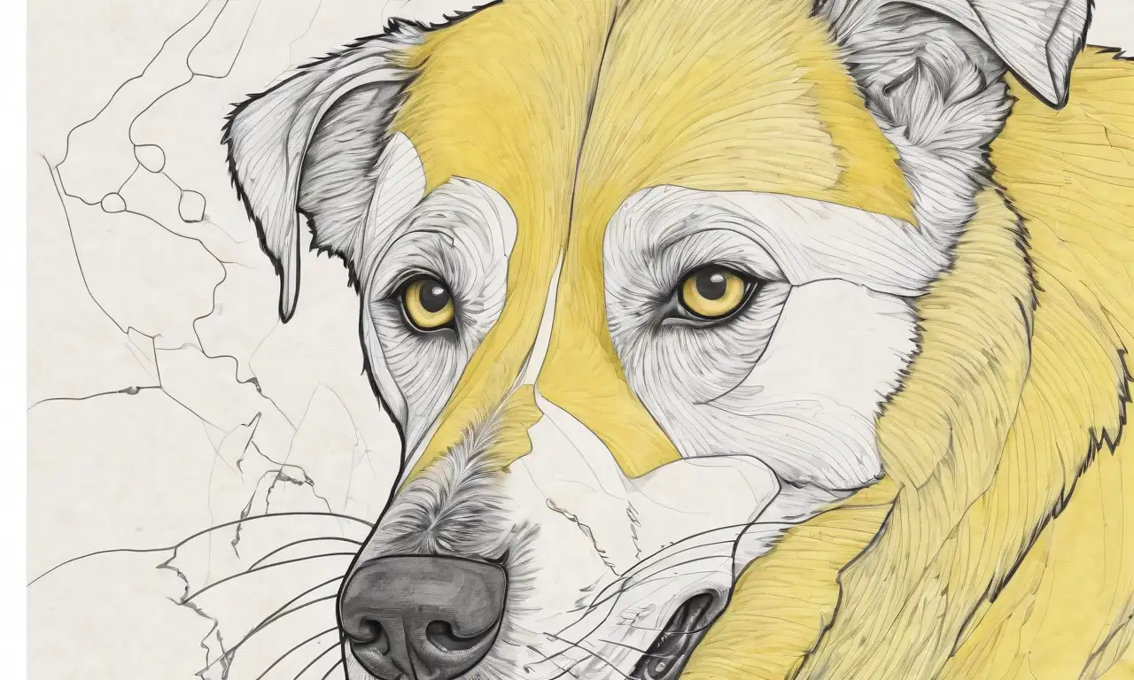 Un perro angustiado se destaca en una composición minimalista con sombras suaves, líneas caóticas y texturas vívidas