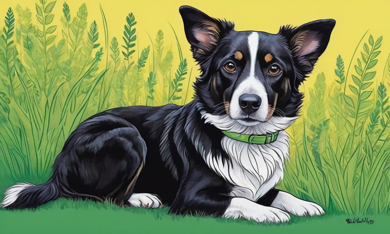 Perro sentado con colores vibrantes y cálidos en un fondo verde