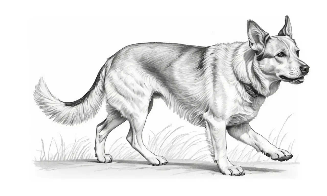 Dibujo de un perro en movimiento con sombras, texturas y detalles cuidadosos