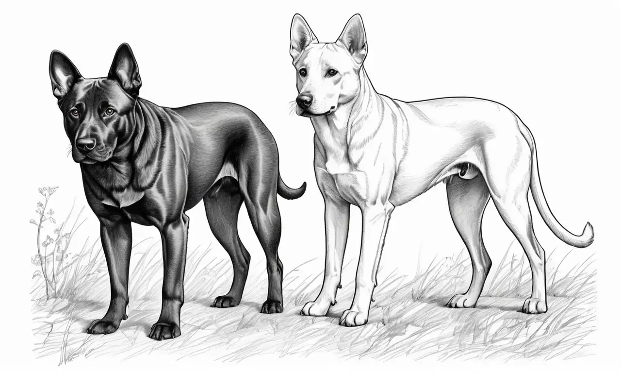 El dibujo presenta un contraste entre la silueta del perro y la figura humana a través de líneas, texturas y colores vibrantes