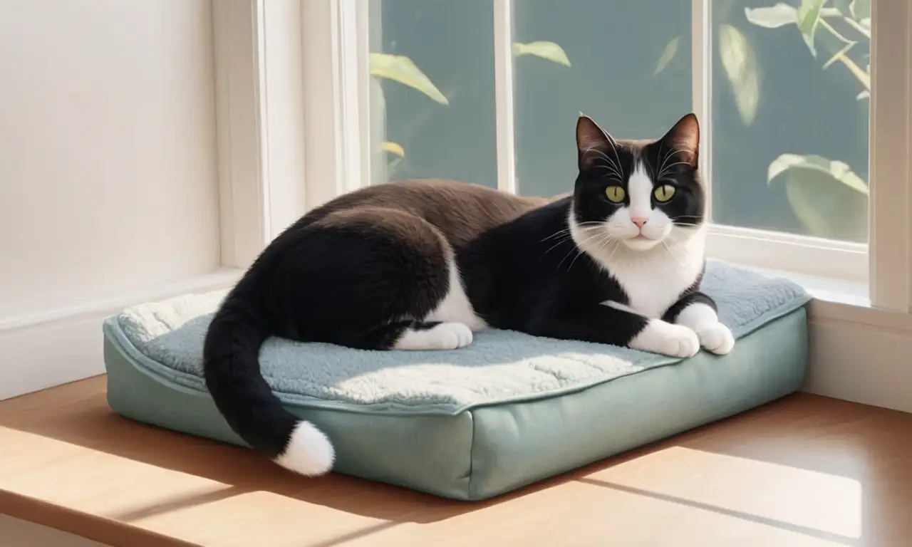 Un suave gato reposa plácidamente en una cama iluminada por el sol, rodeado de texturas y colores suaves que evocan tranquilidad