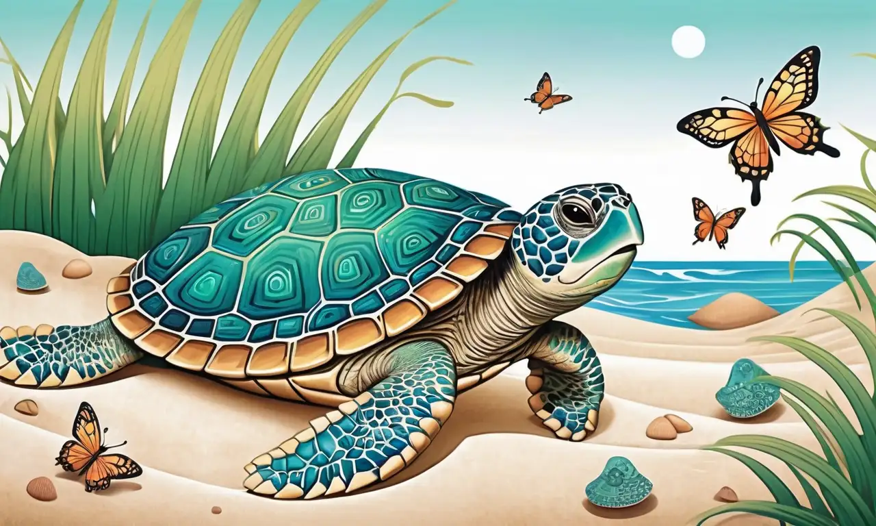 Un dibujo vibrante de una tortuga terrestre rodeada de plantas verdes y un cielo azul