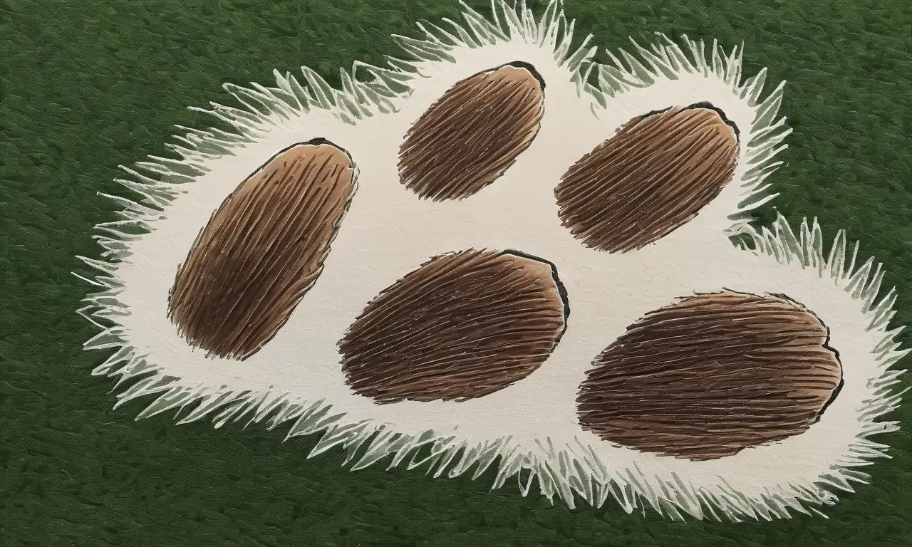 Ilustración detallada de una pata de perro con un clavo roto, sobre hierba verde y rodeada de hojas y piedras