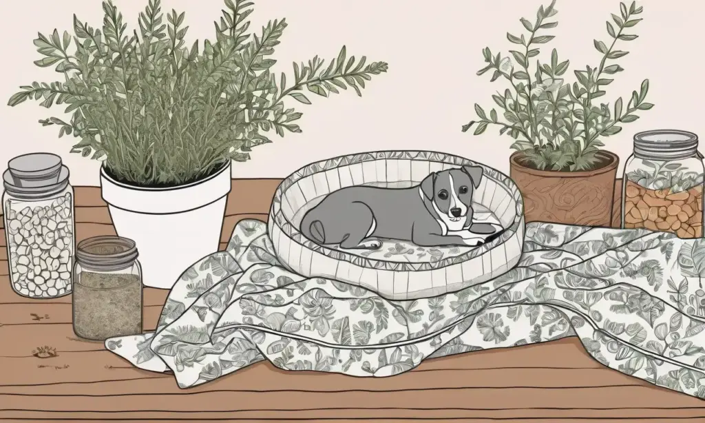 Ilustración vibrante de un perro descansando rodeado de remedios herbales en un ambiente sereno