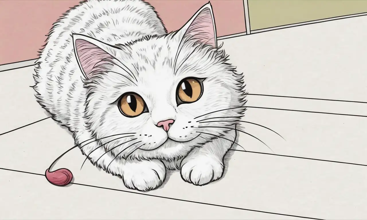 Un gato dibujado a mano con textura suave y coloridos detalles en un fondo minimalista