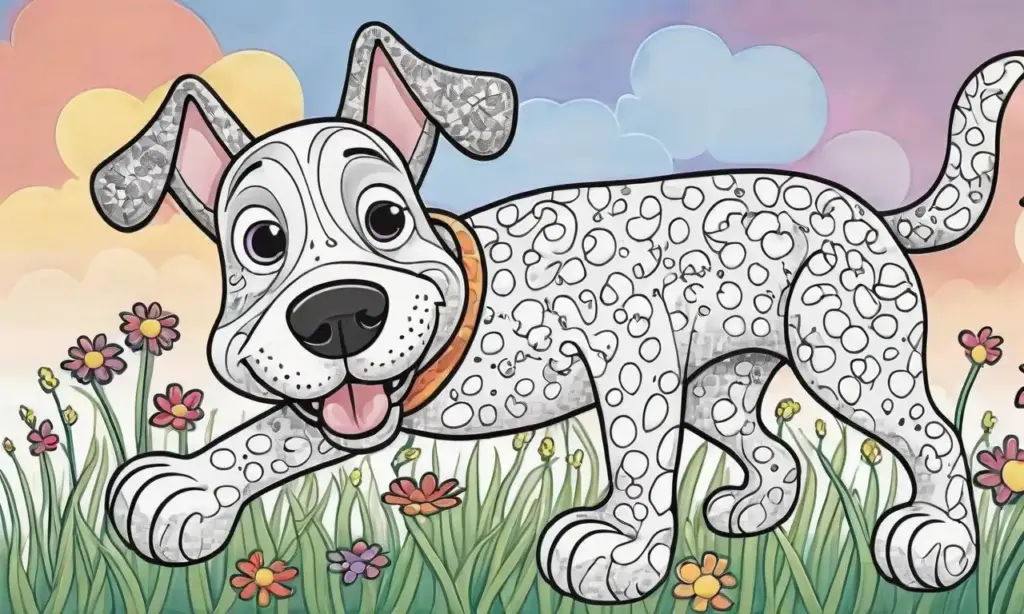 Un perro caricaturesco con rasgos exagerados y colores vibrantes en un fondo juguetón