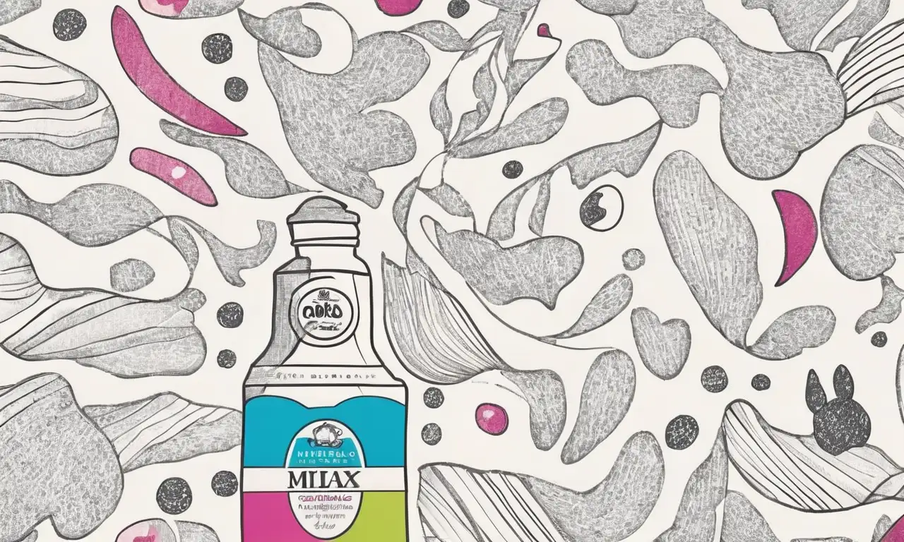 Colores vibrantes y líneas delicadas crean una composición entre un perro preocupado y un frasco de Micralax, con elementos caóticos y armónicos que sugieren profundidad y emociones