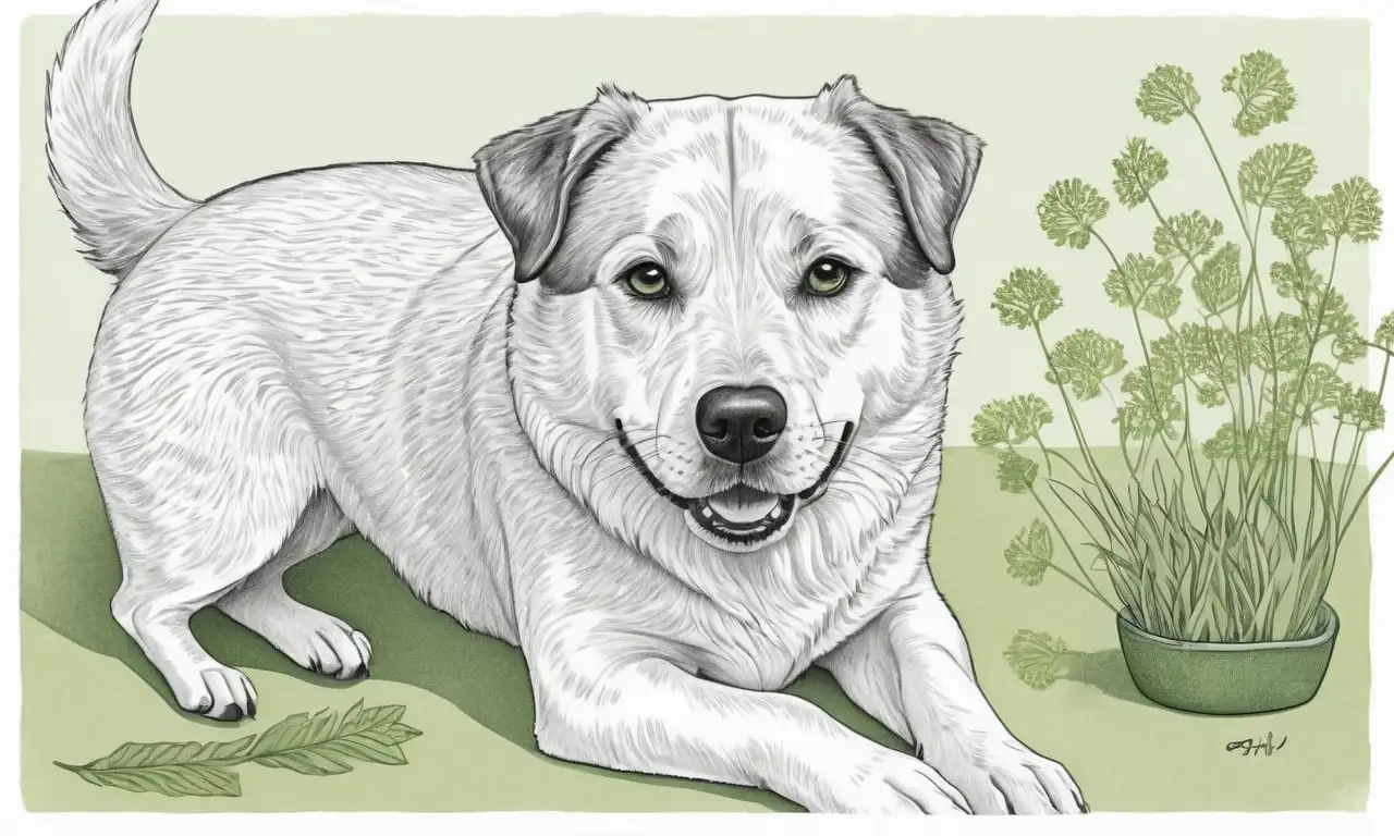 Ilustración detallada de un perro con textura suave, fondo vibrante y elementos que reflejan su malestar y cuidado