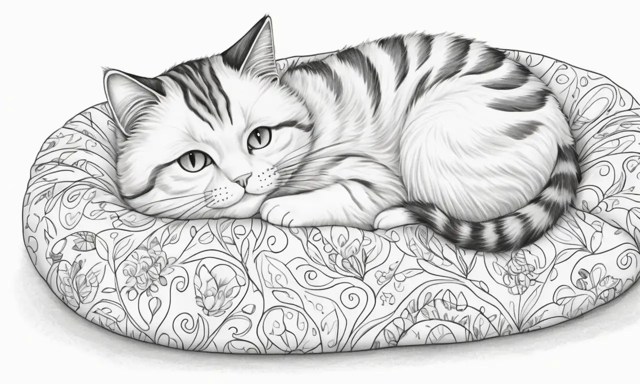 Un gato enrollado descansa en un ambiente cálido y acogedor, con suaves sombras y juguetes a su alrededor