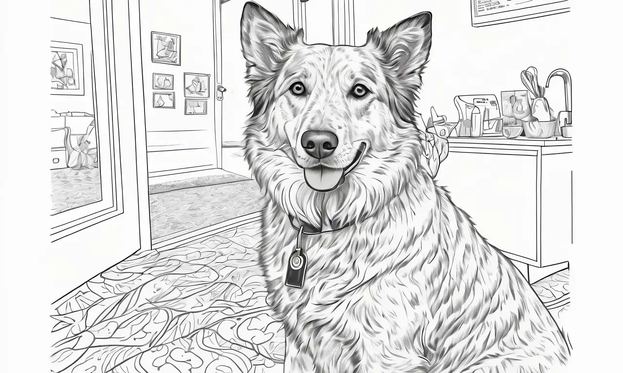 Dibujo delicado de un dueño preocupado con su perro en una clínica veterinaria, resaltando texturas y sombras