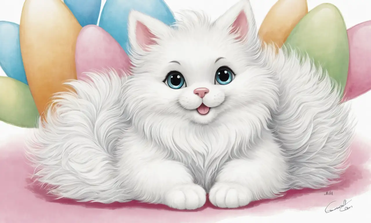 Un adorable animal de pelaje suave y blanco irradia alegría en una composición vibrante y juguetona
