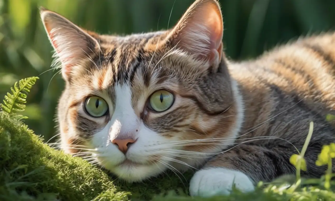 Un gato suave y expresivo se mezcla armoniosamente con la naturaleza iluminada