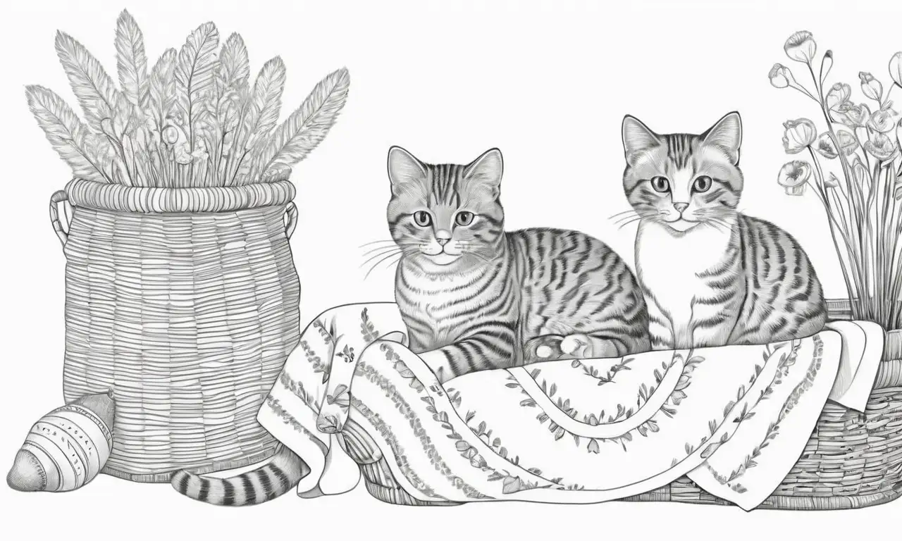 Un delicado equilibrio de gatos juguetones, texturas suaves y elementos naturales evocan serenidad y caos en una composición vibrante