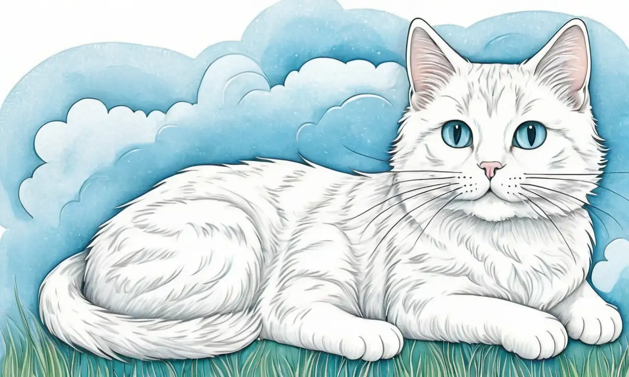 Silueta de un gato con pelaje blanco suave, expresión angustiada y fondo azul calmante, transmitiendo una atmósfera juguetona pero inquieta