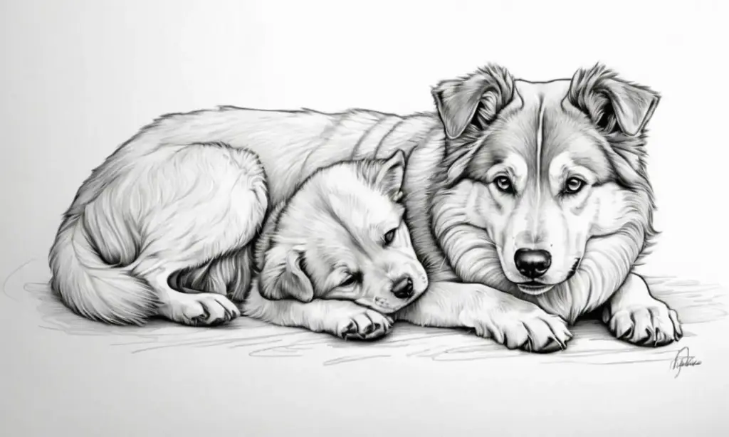 Líneas sinuosas y texturas sutiles conectan dos perros en una composición dinámica y armoniosa