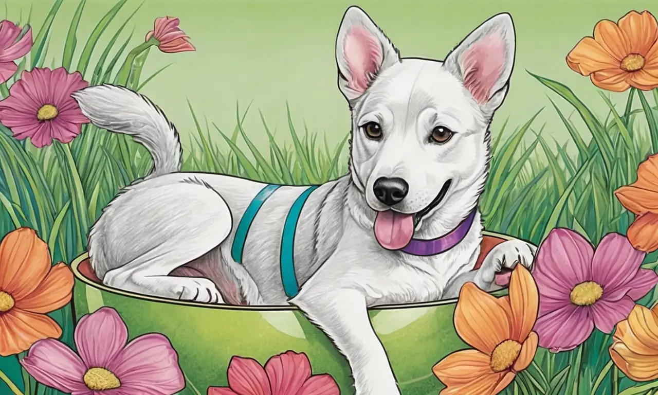 Un perro vibrante en el centro con un fondo de colores suaves y un tazón de medicación a su lado