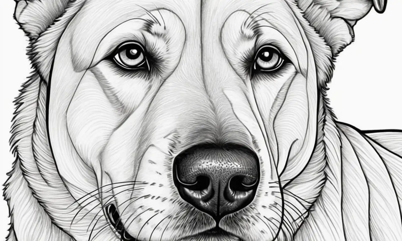 El intrincado trabajo en línea del rostro del perro, con suavidad en el pelaje y sombras que resaltan su mirada, transmite emociones y un ambiente cálido